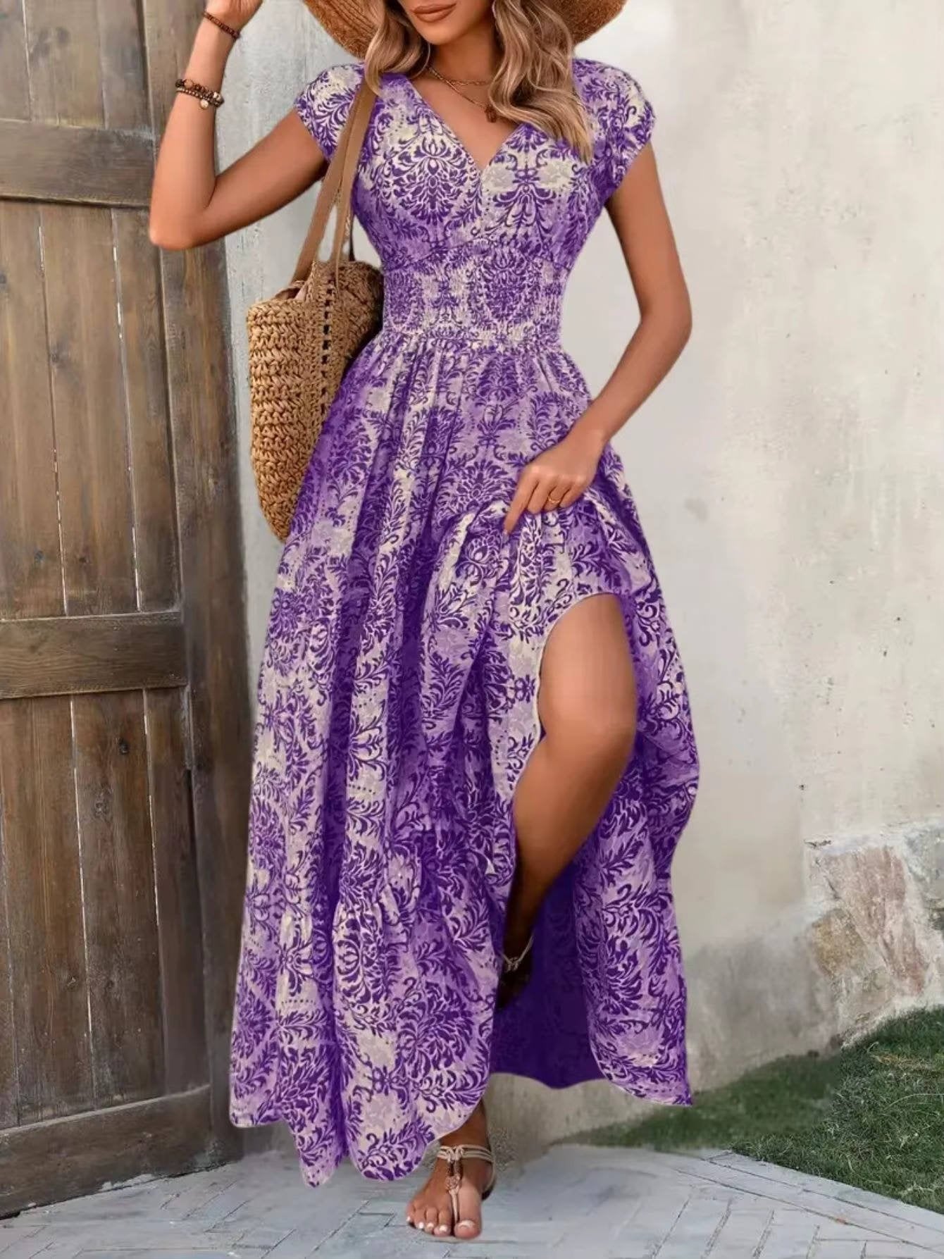 Sophie | Sukienka maxi w stylu boho z marszczeniami w talii, wielowarstwowym dekoltem w serek i krótkimi rękawami 3
