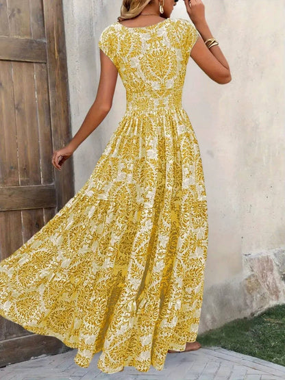 Sophie | Sukienka maxi w stylu boho z marszczeniami w talii, wielowarstwowym dekoltem w serek i krótkimi rękawami 5