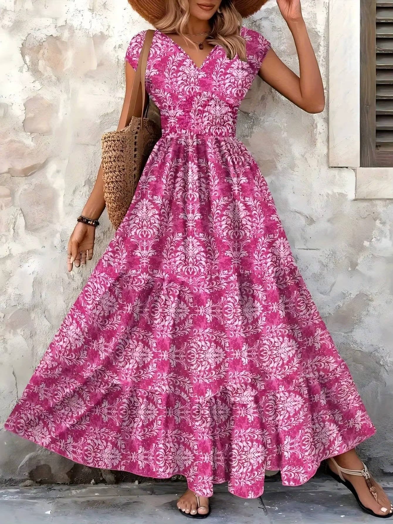 Sophie | Sukienka maxi w stylu boho z marszczeniami w talii, wielowarstwowym dekoltem w serek i krótkimi rękawami 6
