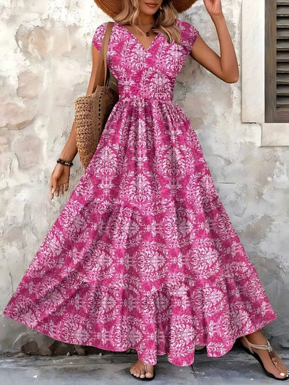 Sophie | Sukienka maxi w stylu boho z marszczeniami w talii, wielowarstwowym dekoltem w serek i krótkimi rękawami 6