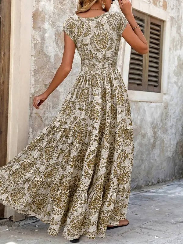Sophie | Sukienka maxi w stylu boho z marszczeniami w talii, wielowarstwowym dekoltem w serek i krótkimi rękawami 7