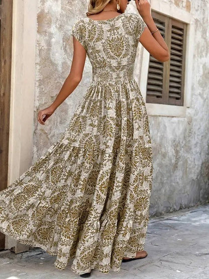 Sophie | Sukienka maxi w stylu boho z marszczeniami w talii, wielowarstwowym dekoltem w serek i krótkimi rękawami 7