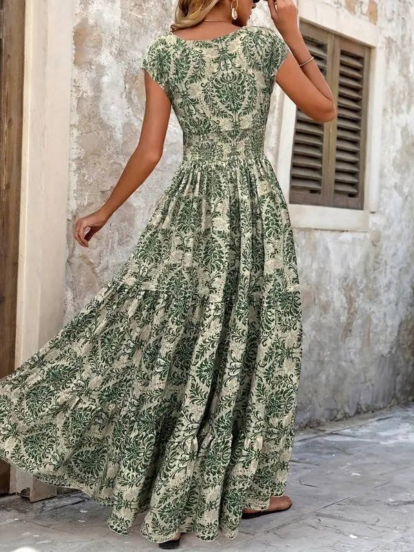 Sophie | Sukienka maxi w stylu boho z marszczeniami w talii, wielowarstwowym dekoltem w serek i krótkimi rękawami 8
