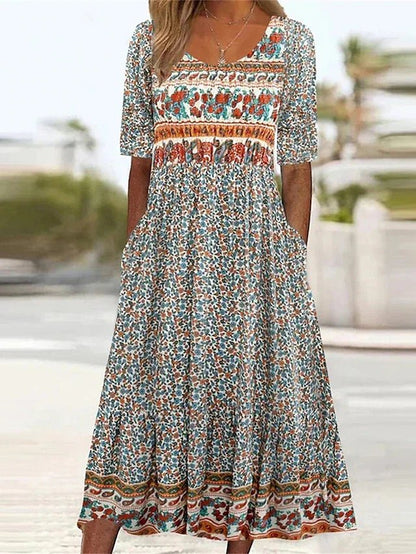 Willow | Sukienka maxi w stylu boho z kwadratowym dekoltem i kwiatowym nadrukiem, krótki rękaw 0
