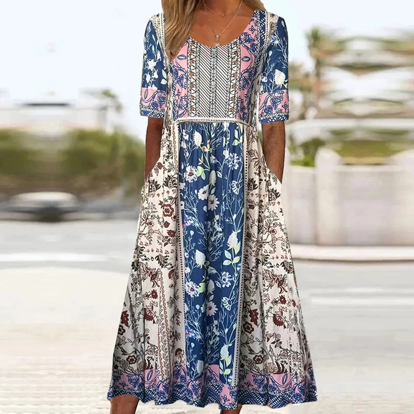 Willow | Sukienka maxi w stylu boho z kwadratowym dekoltem i kwiatowym nadrukiem, krótki rękaw 2