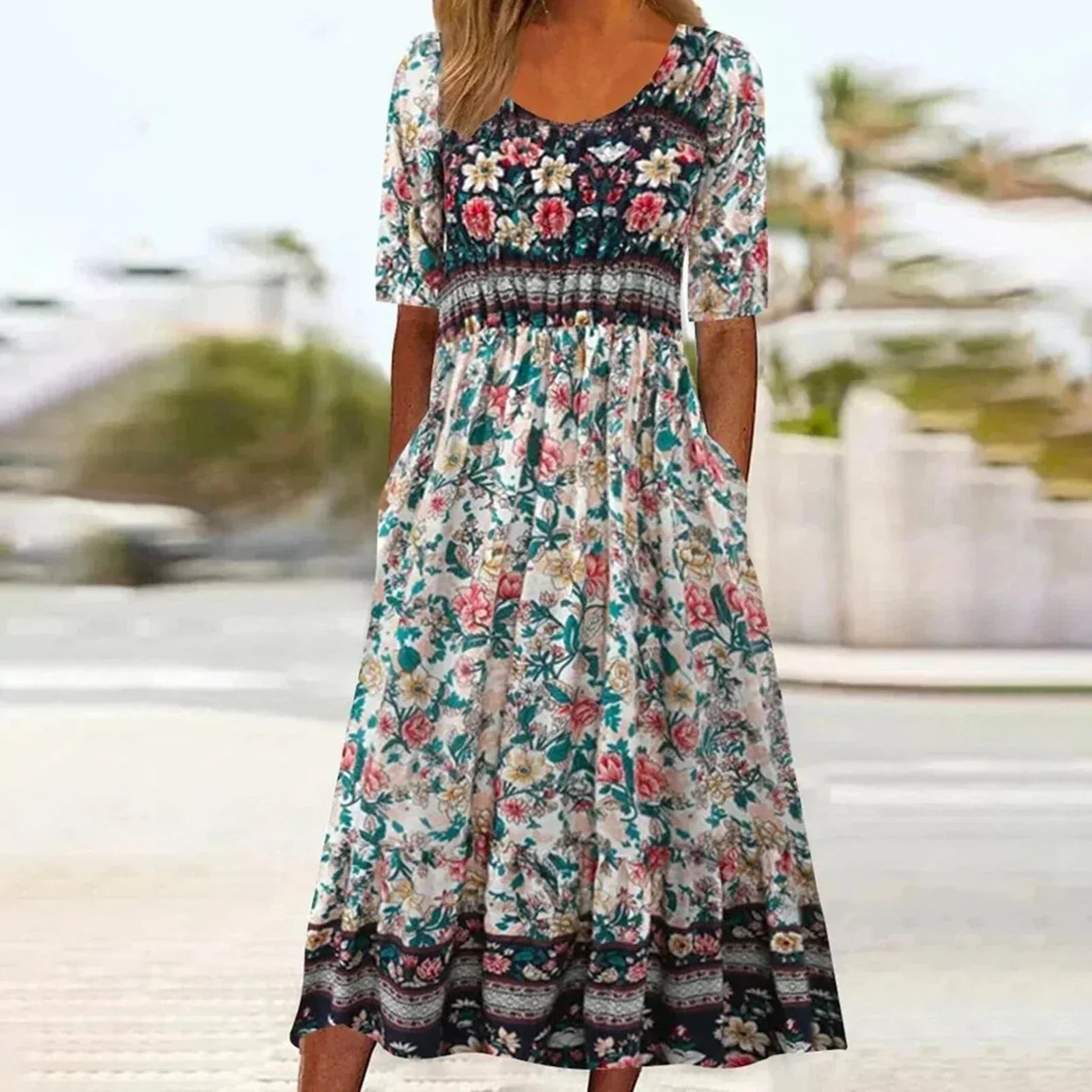 Willow | Sukienka maxi w stylu boho z kwadratowym dekoltem i kwiatowym nadrukiem, krótki rękaw 5